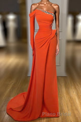 Long sleeves Strapless Orange Sequined Long Formal Prom Dresses