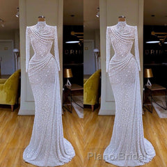 Sparkle White Sequin Long sleeves Pleated Long Formal Prom Dresses