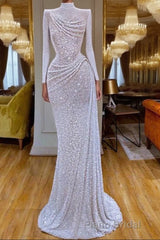 Sparkle White Sequin Long sleeves Pleated Long Formal Prom Dresses