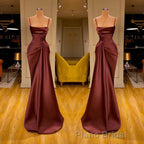 Burgundy Spaghetti-Straps Mermaid Ruffles Formal Prom Dresses Long