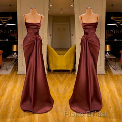 Burgundy Spaghetti-Straps Mermaid Ruffles Formal Prom Dresses Long