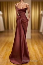 Burgundy Spaghetti-Straps Mermaid Ruffles Formal Prom Dresses Long