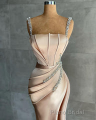 Straps Beadings Long Mermaid Formal Prom Dresses Split Evening Gowns