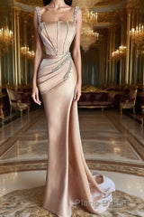Straps Beadings Long Mermaid Formal Prom Dresses Split Evening Gowns