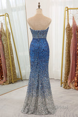 Sparkly Ombre Blue Mermaid Strapless Long Sequin Formal Prom Dresses