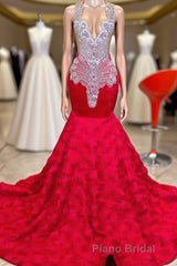 Charming Long Mermaid Jewel Satin Beading Formal Prom Dresses Red Formal Gowns