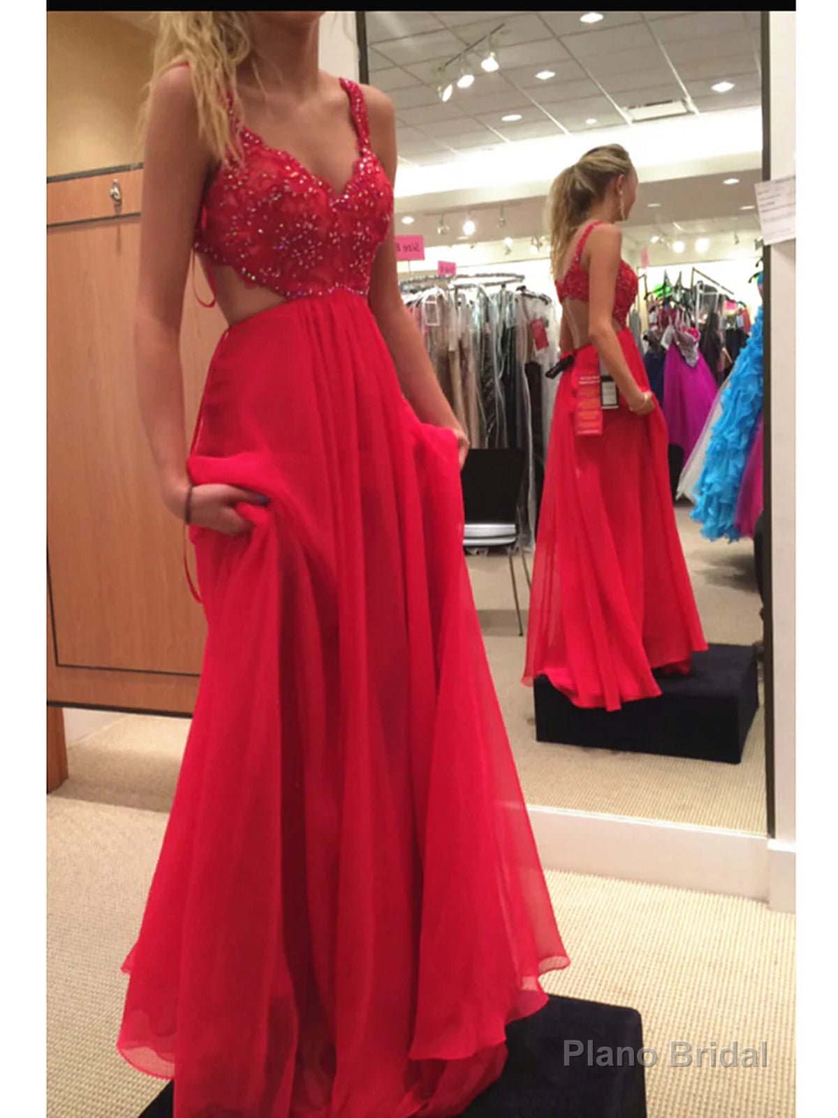 Custom Made A Line Backless Lace Red Prom Dresses, Lace Formal Dresses, Bridesmaid Dresses Main image