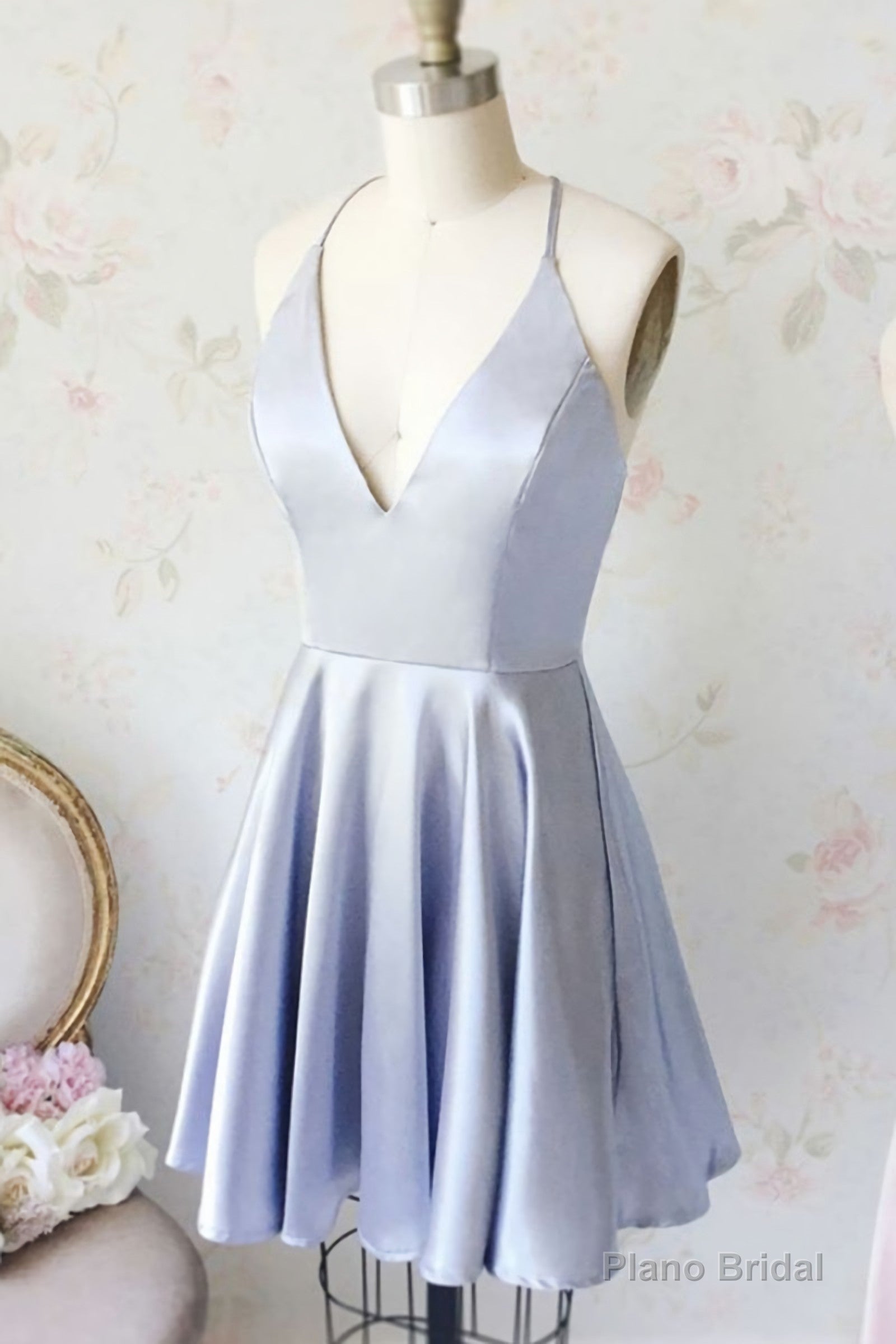 Cute Light Blue V Neck Satin Short Light Blue Homecoming Dresses Main image