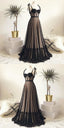 Vintage Polka Dots Spaghetti Straps Black Long Prom Dress