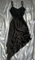 Black Vintage Spaghetti Straps Chiffon Appliques Flower  Formal Prom Dress