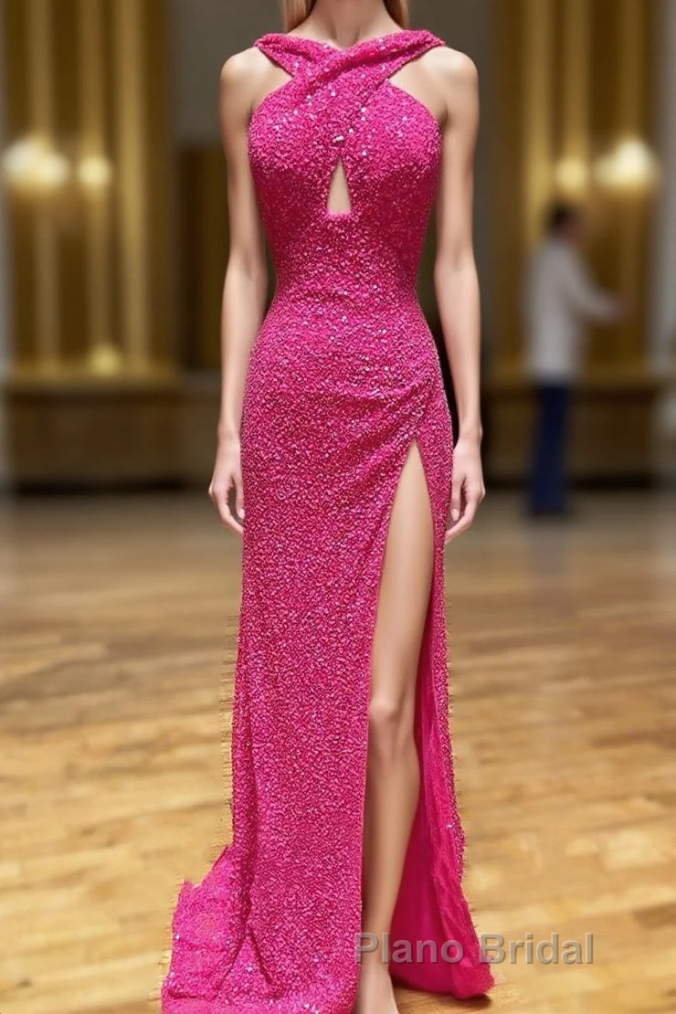 Cross Front Hot Pink Sequins Mermaid Long Prom Dresses