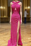 Cross Front Hot Pink Sequins Mermaid Long Prom Dresses