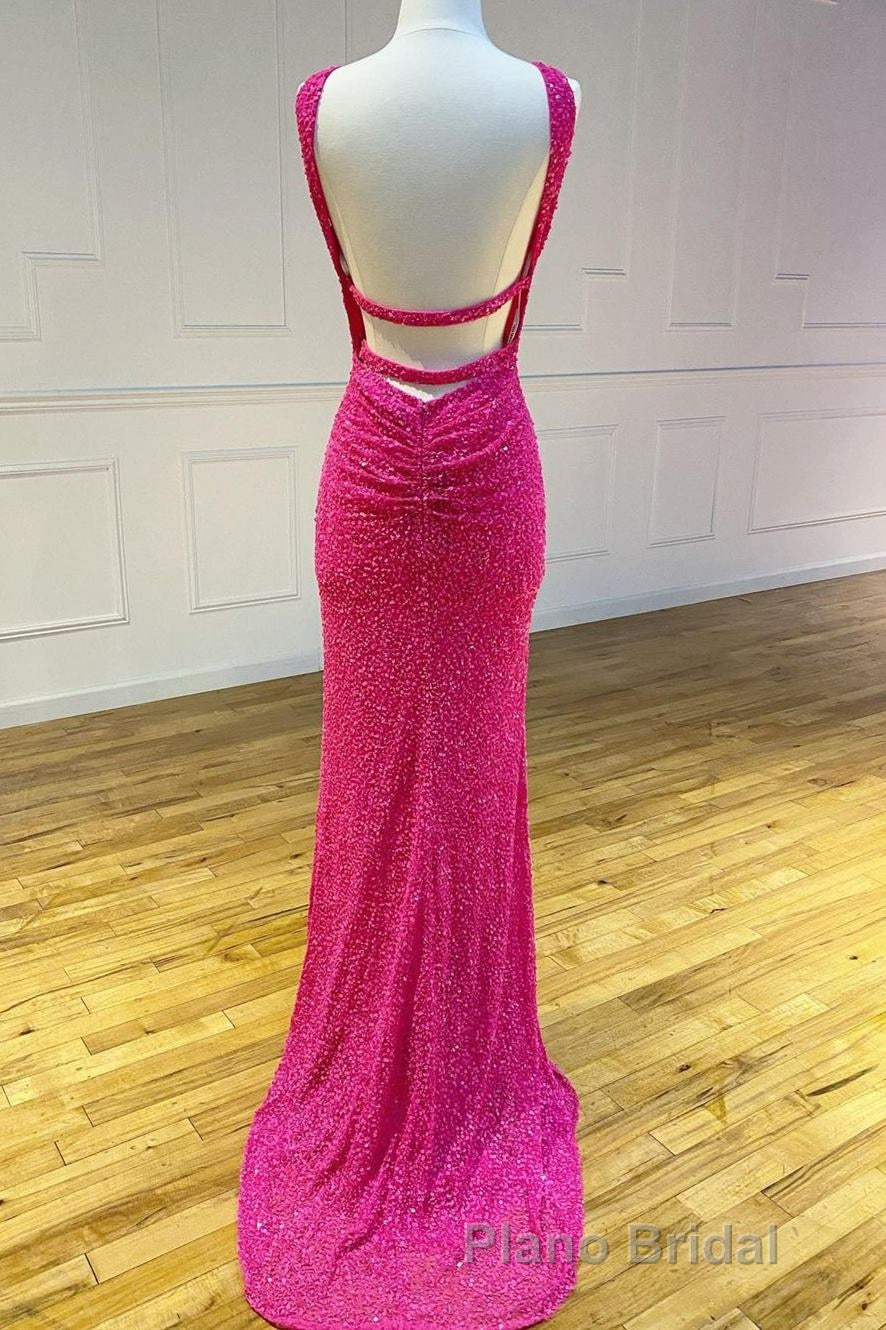 Cross Front Hot Pink Sequins Mermaid Long Prom Dresses