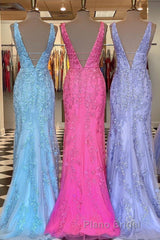 Plunge V Neck Lace Appliques Long Formal Prom Dresses