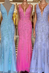 Plunge V Neck Lace Appliques Long Formal Prom Dresses