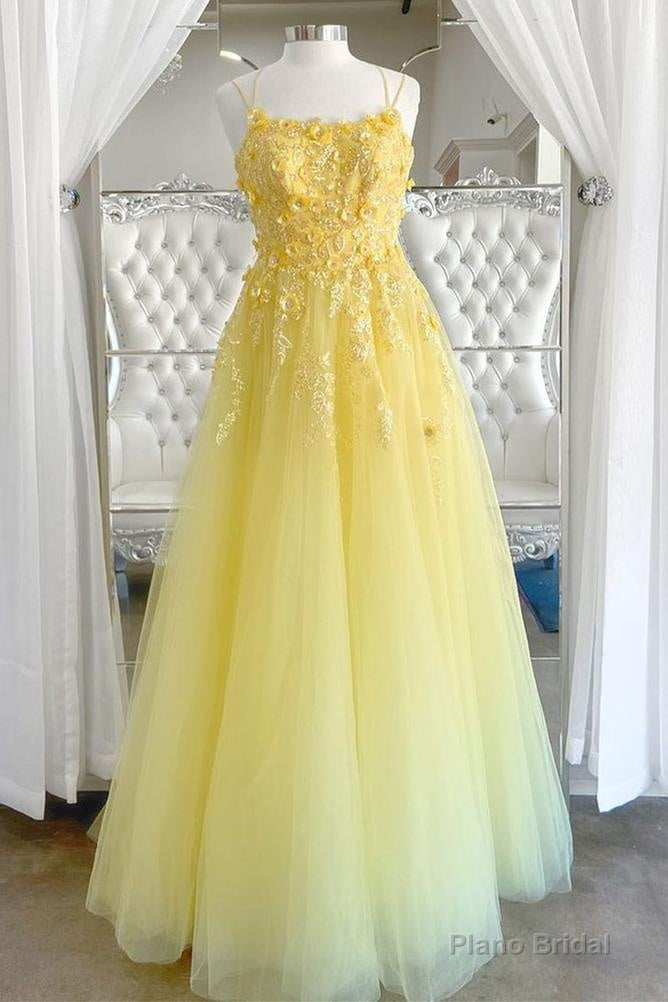 Princess Yellow A-line Sequins and Floral Long Prom Gown Main image