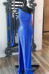 One Shoulder Mermaid Royal Blue Long Prom Dresses
