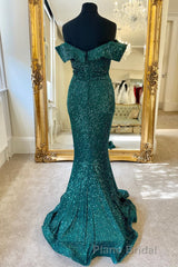 Off the Shoulder Burgundy Sequins Mermaid Long Prom Dresses