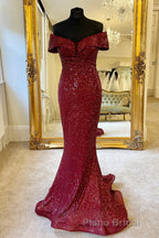 Off the Shoulder Burgundy Sequins Mermaid Long Prom Dresses