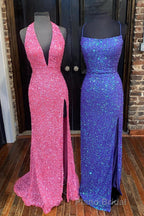 Simply Red Sequin Mermaid Long Formal Prom Dresses with Slit