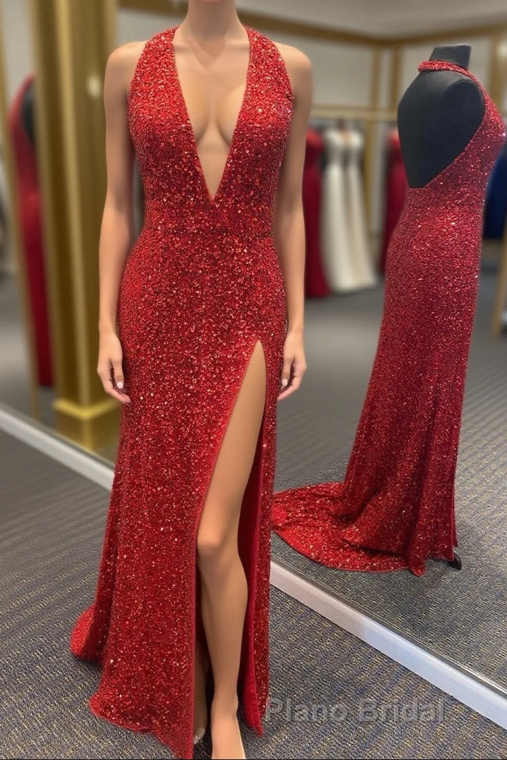 Simply Red Sequin Mermaid Long Formal Prom Dresses with Slit Main image
