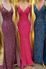 Sparkle Mermaid Sequin Long Formal Prom Dresses with Slit