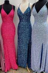 Sparkle Mermaid Sequin Long Formal Prom Dresses with Slit