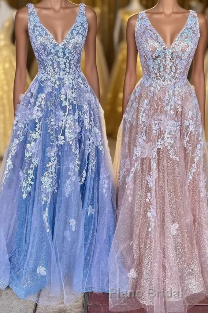 A-line Appliques Tulle Long Prom Dresses Main image
