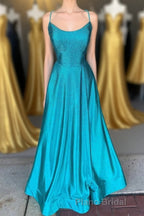 Spaghetti Straps Beaded Teal Blue A-line Long Prom Dresses
