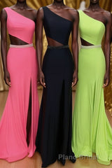 One Shoulder Mermaid Long Formal Prom Dresses with Side Cut