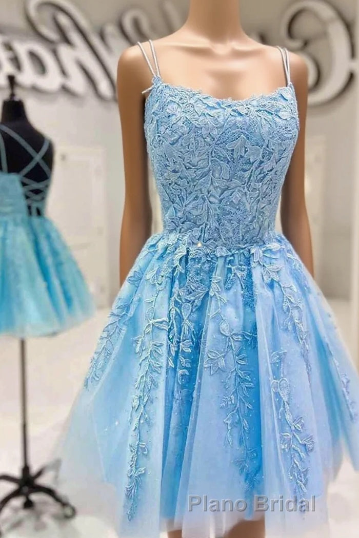 Blue A-line Spaghetti Straps Lace Short Formal Prom Dresses, Homecoming Dresses Main image