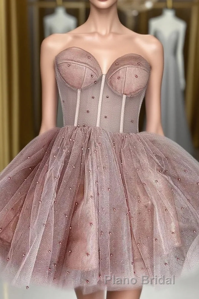 A-line Dusty Rose Sleeveless Tulle Short Homecoming Dresses