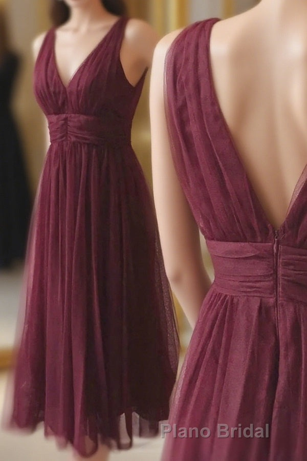 V-neck Sleeveless Tulle Mid length Formal Prom Dresses, Homecoming Dresses