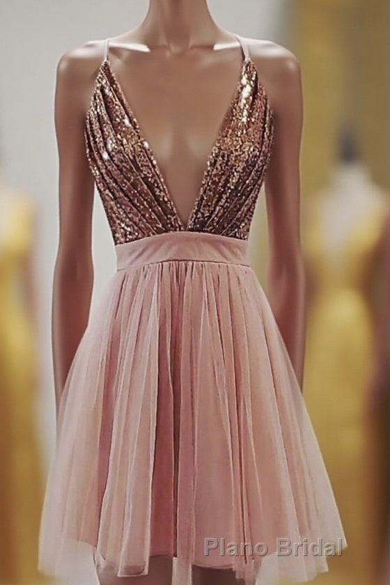 Deep V-neck Spaghetti Straps Sleeveless Sequins Short Formal Prom Dresses, Homecoming Dresses Main image