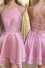 Candy Pink Spaghetti Straps Sleeveless Stain Short Formal Prom Dresses, Homecoming Dresses