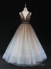 Glitter A-Line V Neck Tulle Long Formal Prom Dresses Tulle Long Formal Party Dresses