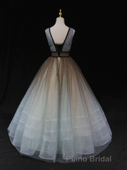 Glitter A-Line V Neck Tulle Long Formal Prom Dresses Tulle Long Formal Party Dresses