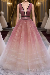 Glitter A-Line V Neck Tulle Long Formal Prom Dresses Tulle Long Formal Party Dresses