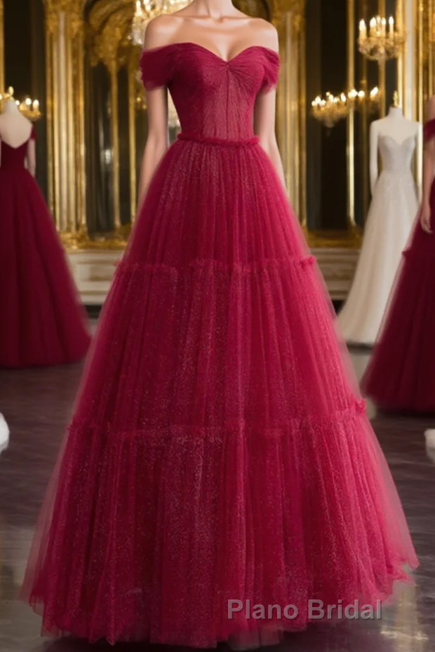 Burgundy A-line Off Shoulder Tulle Shiny Long Formal Prom Dresses