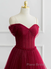 Burgundy A-line Off Shoulder Tulle Shiny Long Formal Prom Dresses