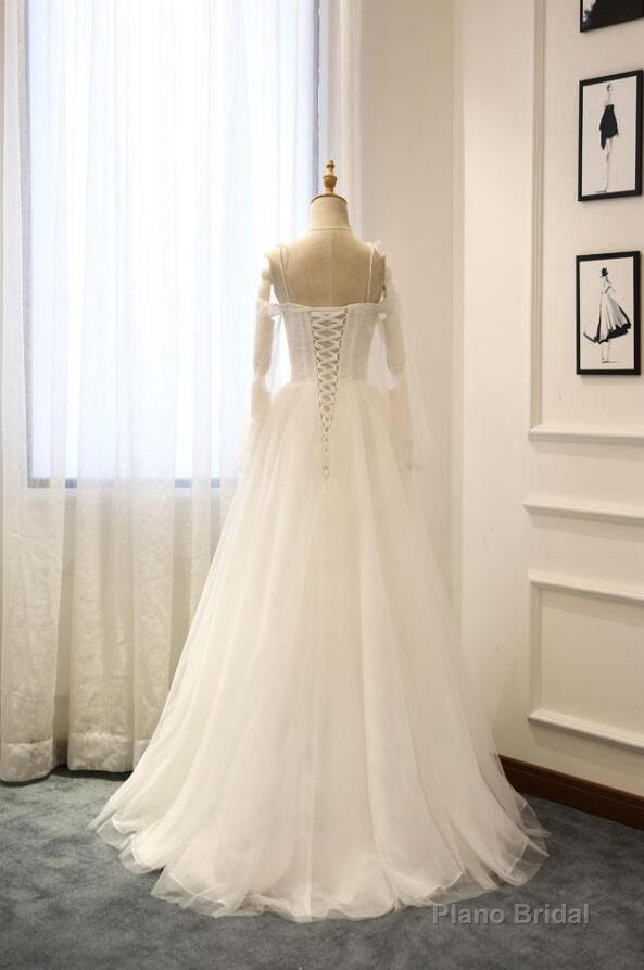 White A-Line Straps Long Sleeves Tulle Long Wedding Dresses Secondary image