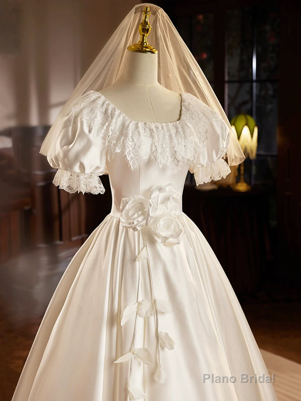 White Satin Short Sleeves Tea Length Lace Retro A-Line Prom Dress