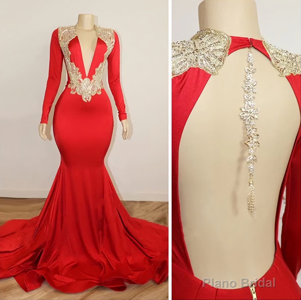 Black Girl Prom Dresses, Long Sleeve Red Prom Dresses With Beads Crystals V Neck Open Back Sexy Evening Gowns Cheap Main image