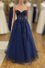 Dark Navy Long A-line Tulle Lace Backless Formal Prom Dresses