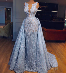 Elegant Blue Lace Sleeveless Deep V Neck Formal Prom Dresses Party Dresses