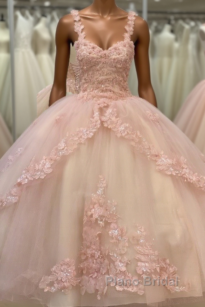 Quinceanera Sweet Tulle Ball Gown 16 Lace Pink Party Flower Sparkly Formal Prom Dresses Main image