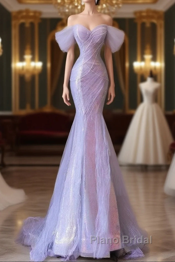 Purple Sweetheart Sequin Beaded Mermaid Long Formal Prom Dresses,Purple Tulle Train Formal Prom Gown