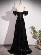 A-Line Off Shoulder Velvet Sequin Long Black Formal Prom Dresses, Black Long Evening Dresses