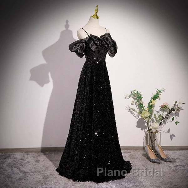 A-Line Off Shoulder Velvet Sequin Long Black Formal Prom Dresses, Black Long Evening Dresses Secondary image