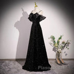 A-Line Off Shoulder Velvet Sequin Long Black Formal Prom Dresses, Black Long Evening Dresses